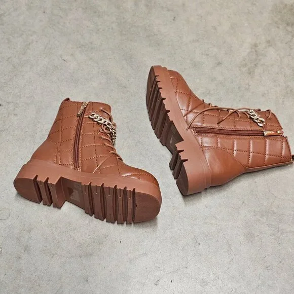 Quilted Faux Leather Lace-Up Combat Boots With Gold Chain Accent - Brown - Picture 9 of 11